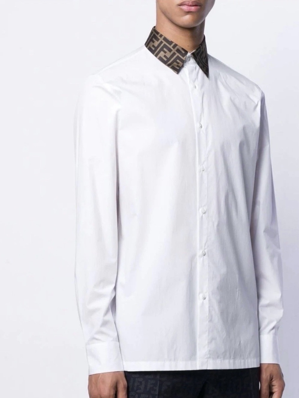 Fendi White Cotton Shirt with Logo Collar Long Sleeve Men’s Size 42 Garment Bag